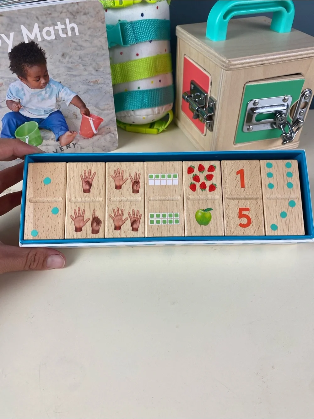 Lovevery toy Lot Buckle Barrel, Lockbox & Subitizing Dominoes, Baby Math Book
